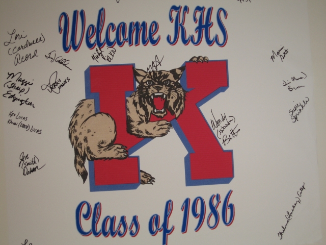 KHS Class of 1986 welcome board. Each classmate attending the reunion dinner signed the welcome board for a 20th reunion class keepsake. 