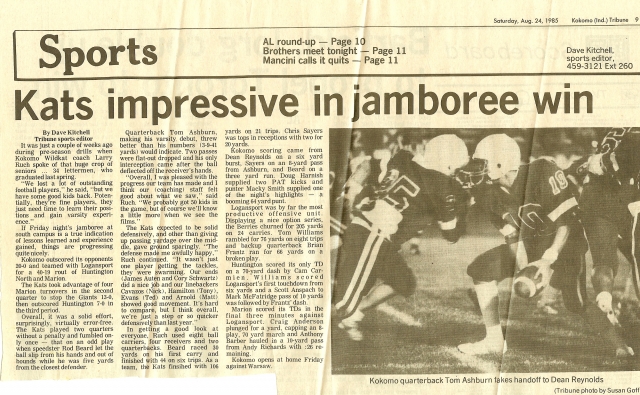 Tom Ashburn fakes a handoff to Dean Reynolds in the jamboree (Kokomo Tribune - 8/24/85).