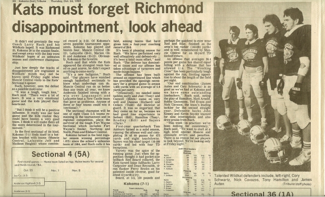 The Kats only regular season loss came on the last game of the regular season to Richmond. The loss was even more of a disappointment because it cost the Kats an NCC Championship (Kokomo Tribune - 10/24/85).