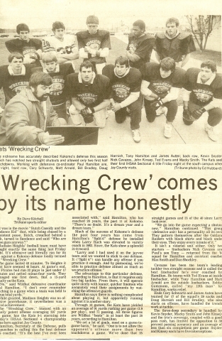 Kokomos defensive unit the Wrecking Crew got center stage attention for living up to its name (Kokomo Tribune - 11/5/85).