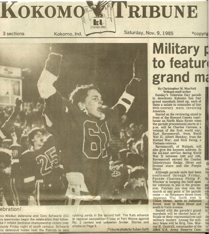 Cory Schwartz & Chris Clawson start the celebration after winning the IHSAA sectional championship with a Kats victory of 34-7 vs Jay County (Kokomo Tribune front page - 10/9/85).